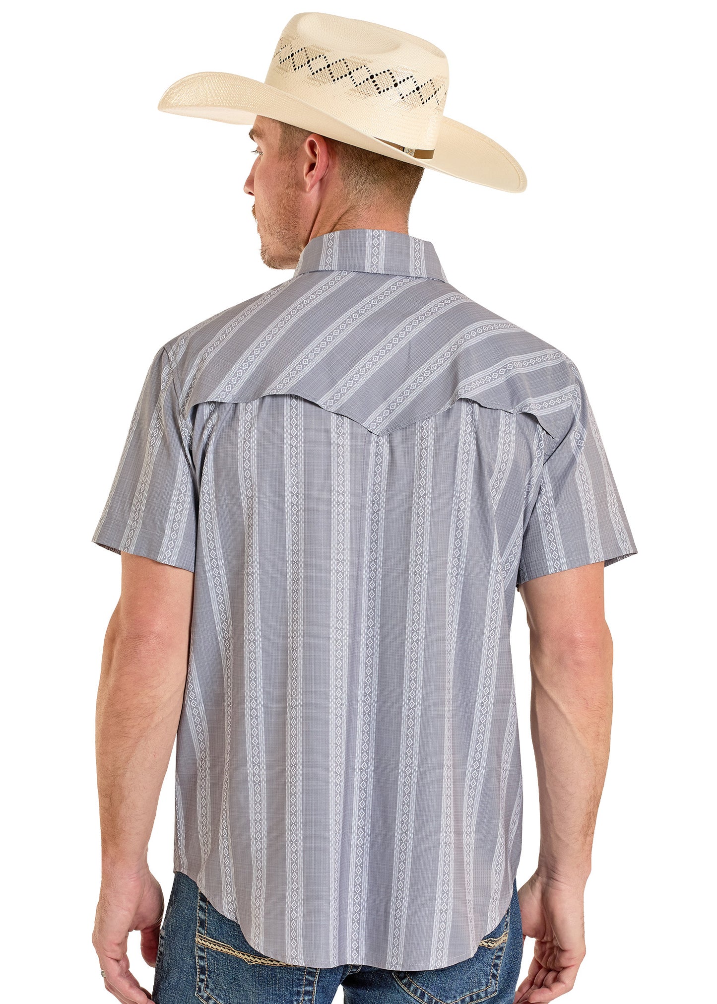 Man wearing a striped short-sleeve shirt and cowboy hat on a white background