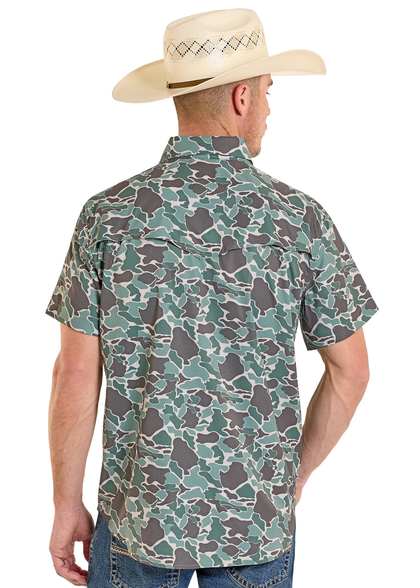 Man wearing a camouflage shirt and cowboy hat on a white background