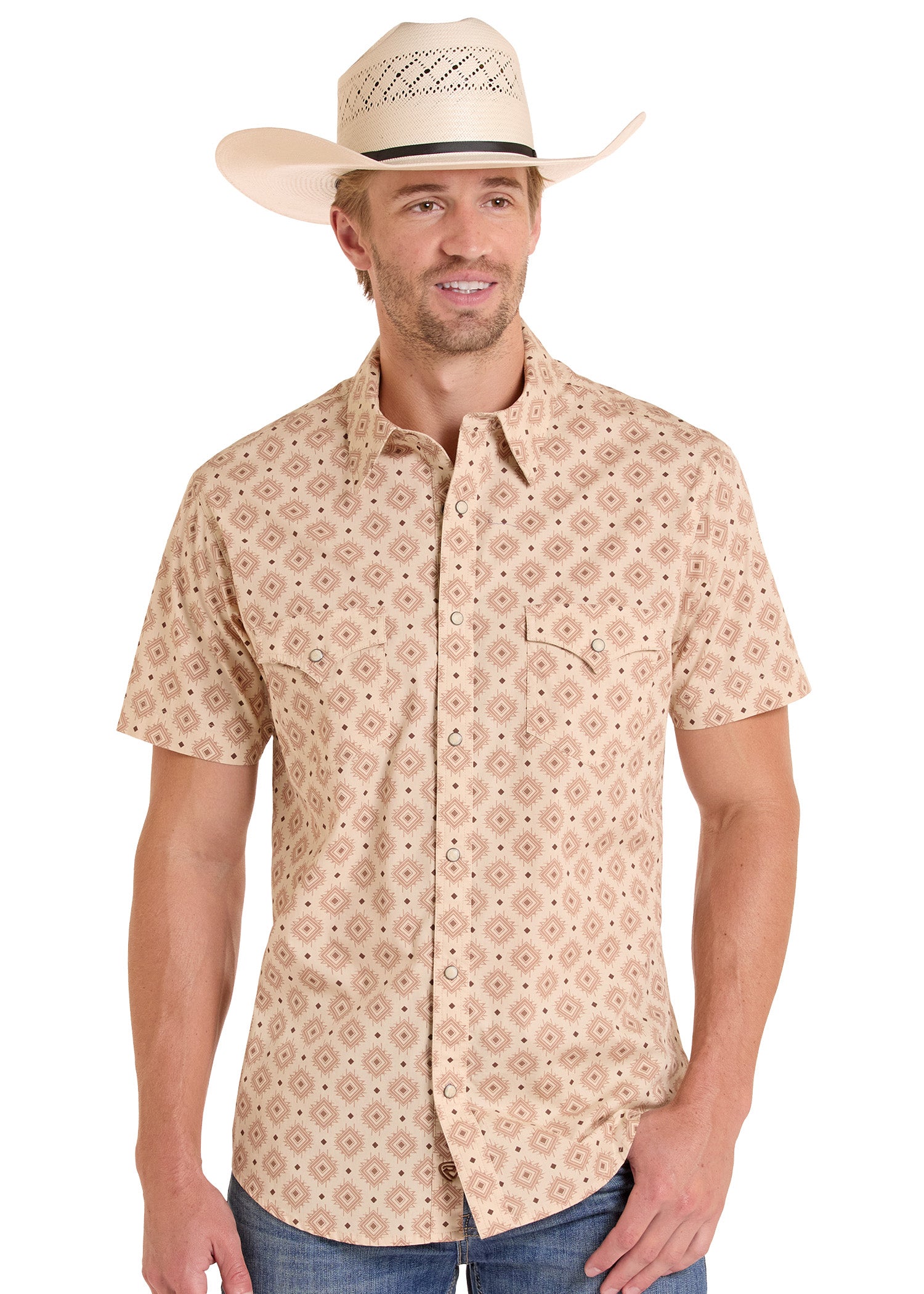 Men's Slim Fit Brown Diamond Short Sleeve Snap Shirt