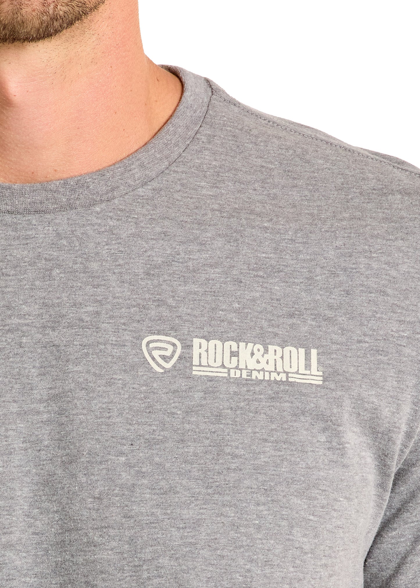 Close-up of a person wearing the Desert Cowboy Skull Graphic Tee in light gray by Rock & Roll Denim, with the brand logo printed in white on the upper chest. Only part of their neck, jaw, and shoulder are visible.