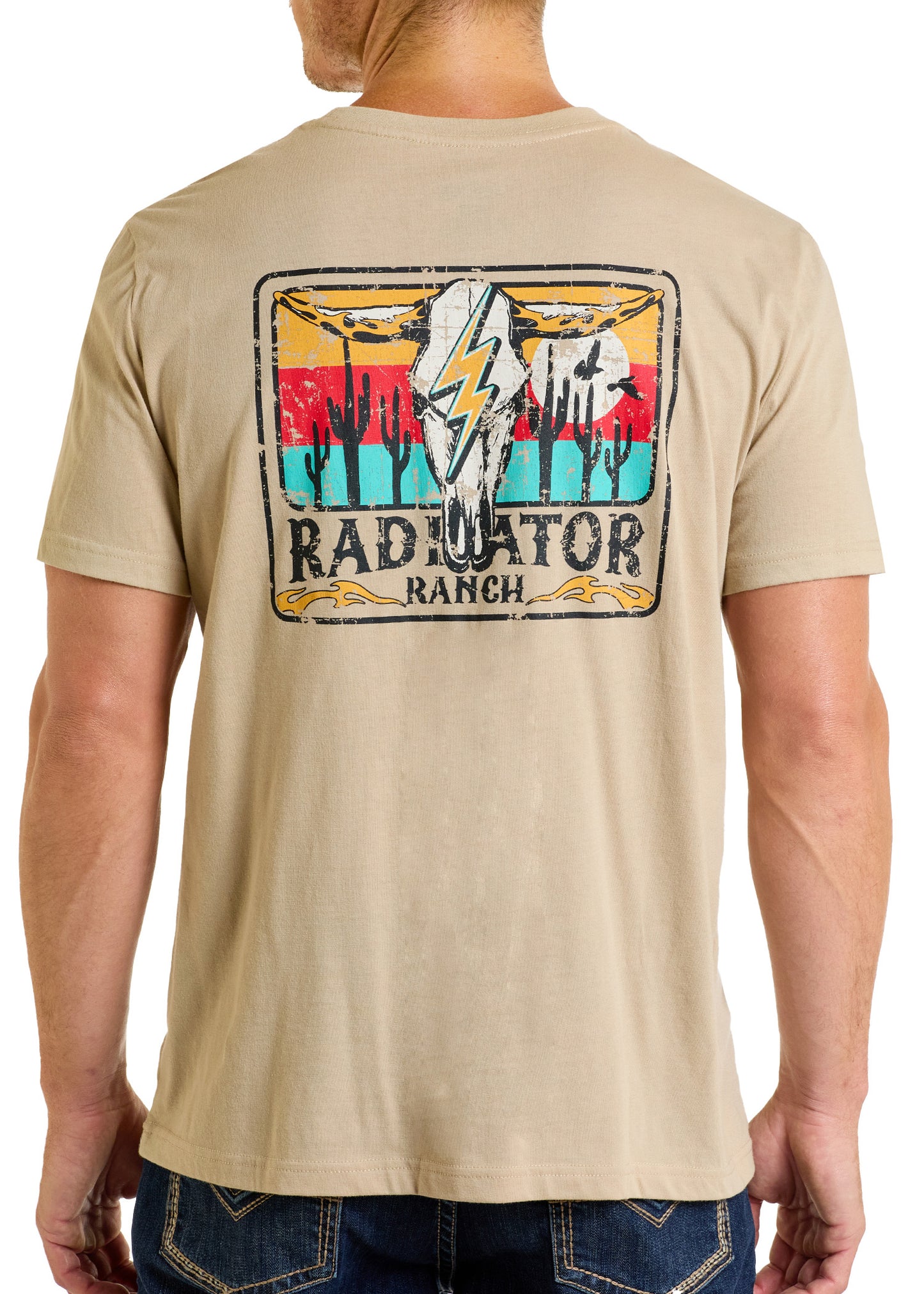 A person wearing a beige Dale Brisby Radiator Ranch Graphic Tee by Rock & Roll Denim, featuring a vibrant back graphic with cacti, a lightning bolt, the sun, and "RADIATOR RANCH" text. Photographed from behind; ideal for Dale Brisby fans.