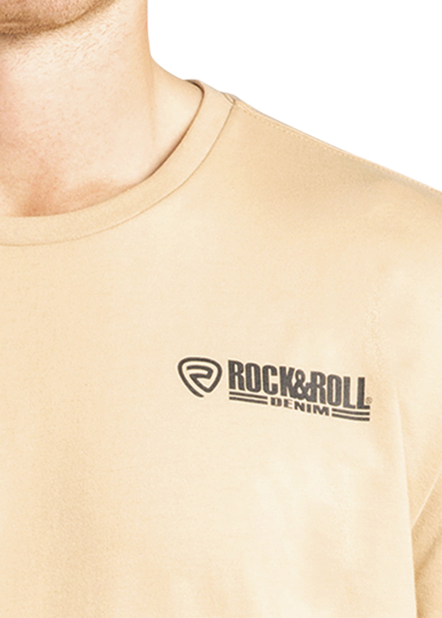 Beige t-shirt with 'Rock & Roll Denim' logo on a white background