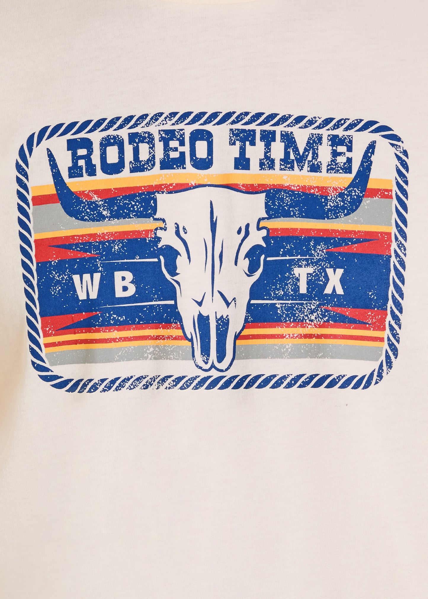 T-shirt with 'Rodeo Time' design featuring a bull skull and colorful stripes on a beige background.