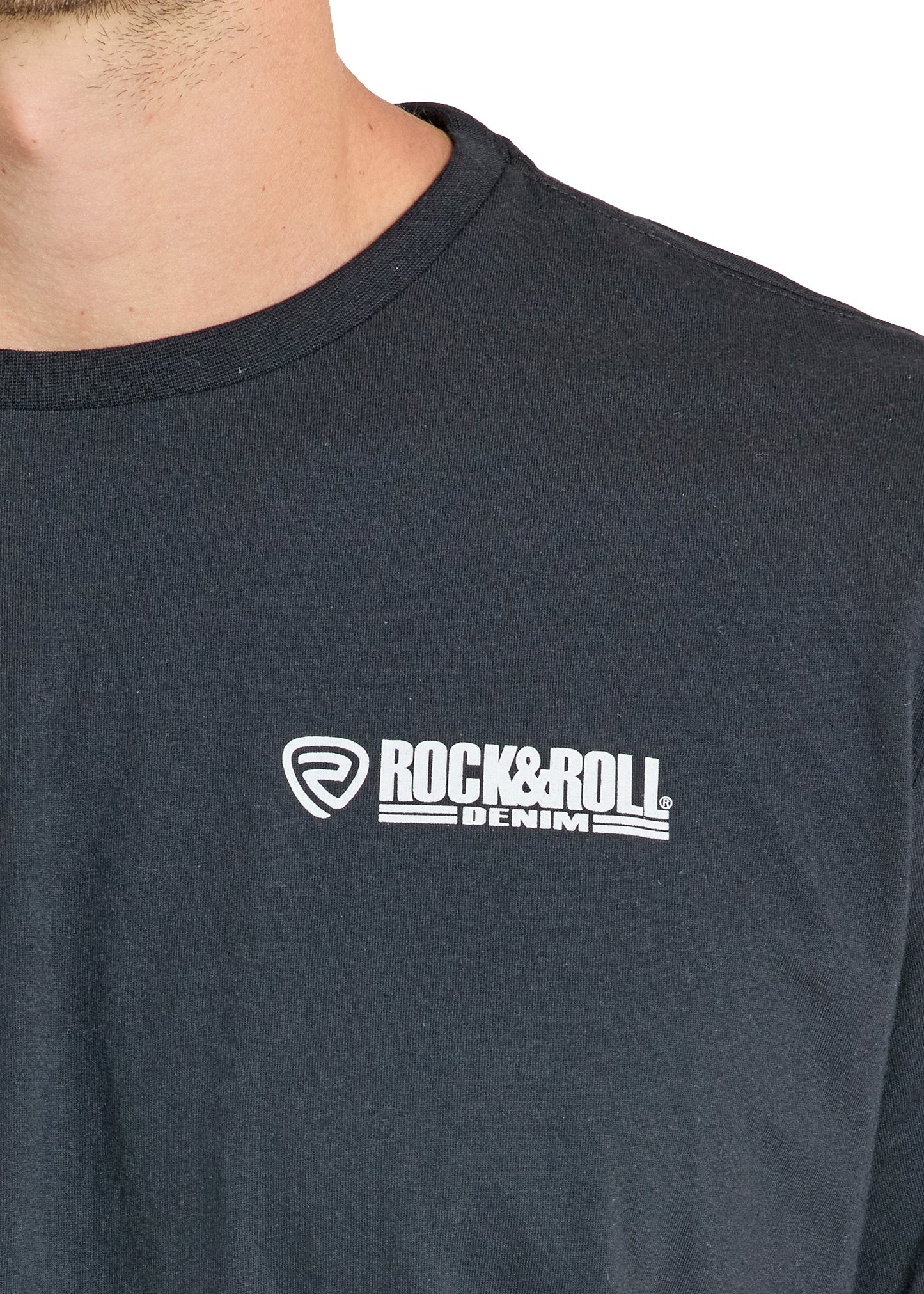 Black t-shirt with 'Rock & Roll Denim' logo on a white background