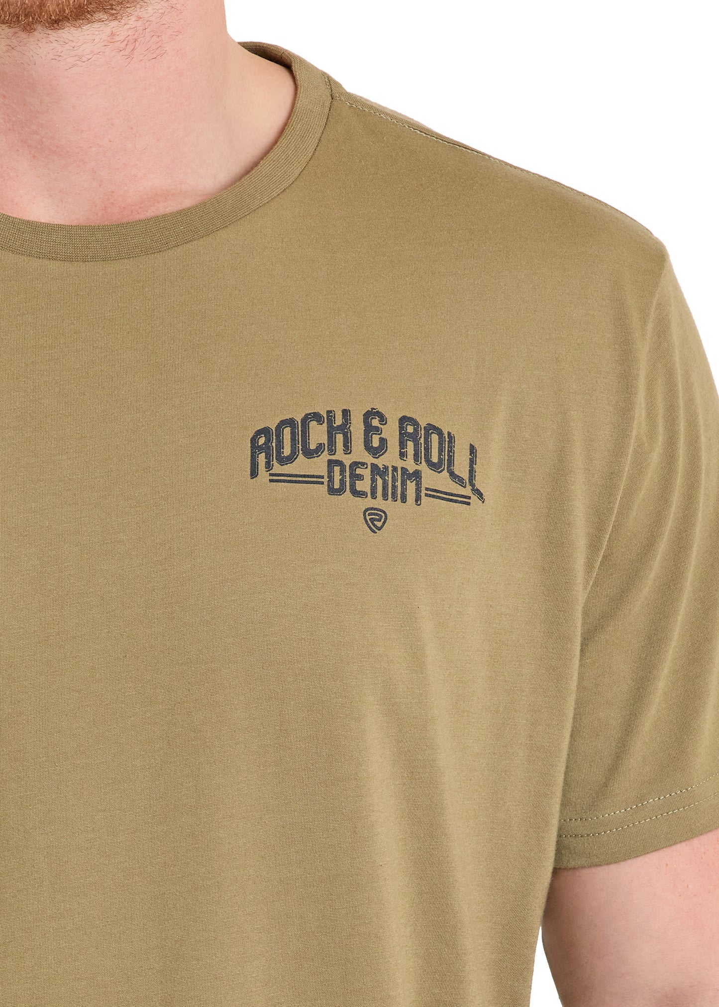 Person wearing a green t-shirt with 'Rock & Roll Denim' text on a white background