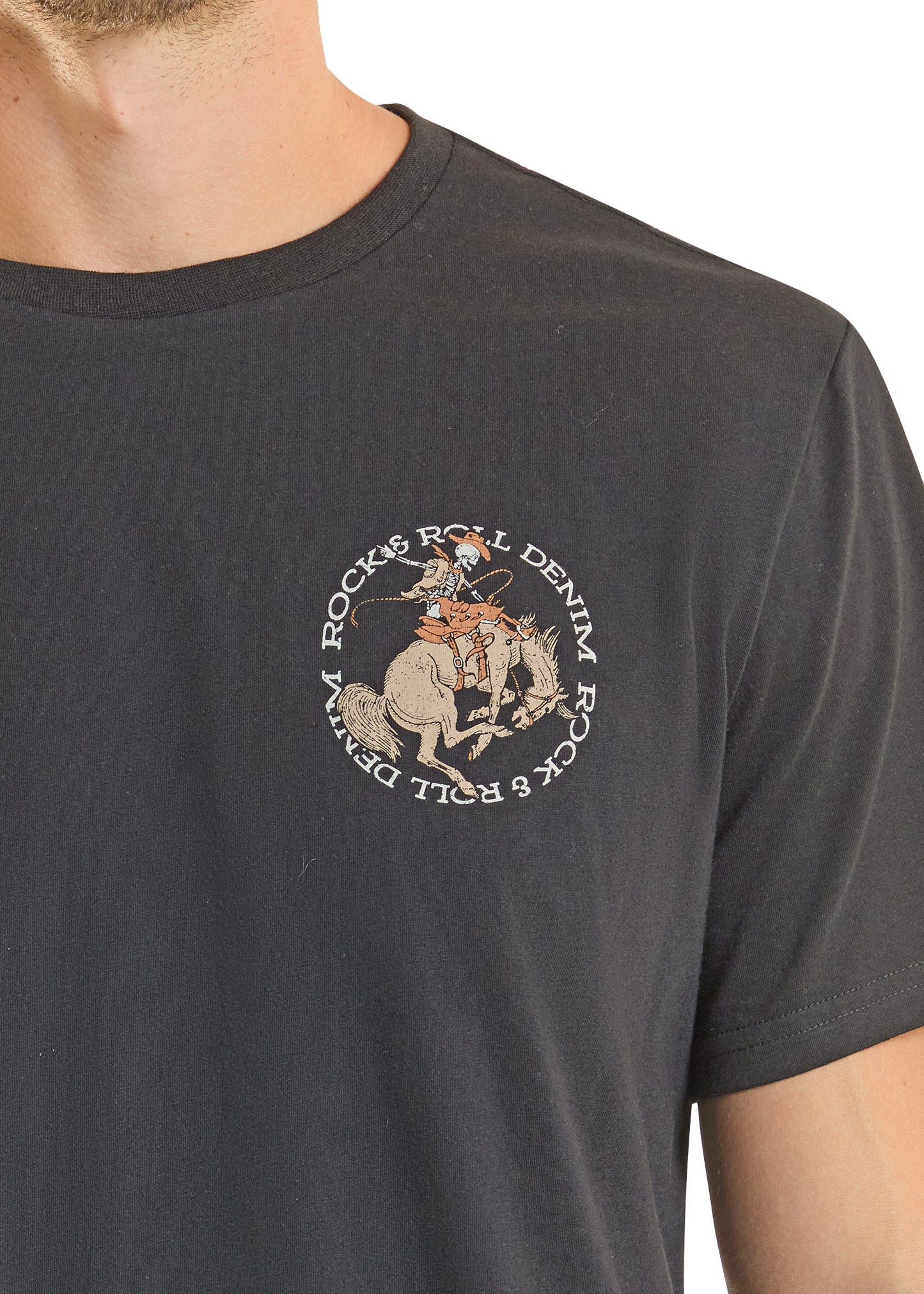 Black t-shirt with a graphic design on a white background