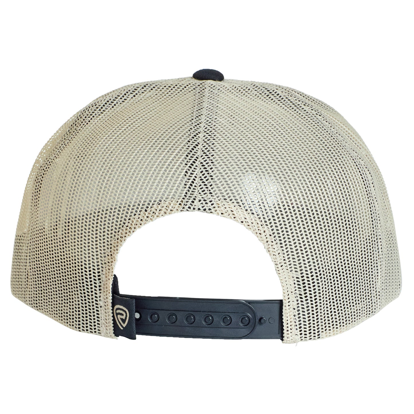 The Rock & Roll Denim Cowboy Nation Cap in beige features a mesh back and black adjustable snapback closure, shown from the rear.