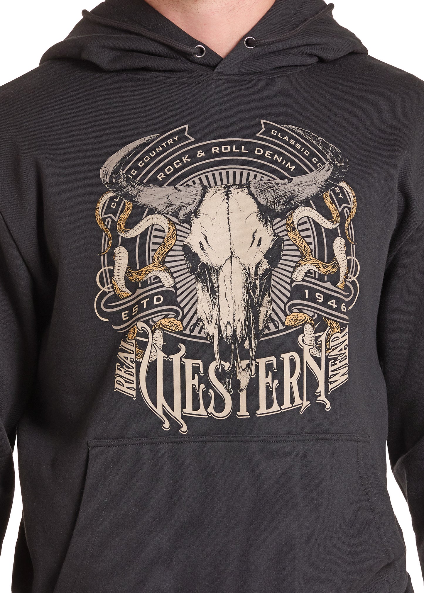 A close-up of a dark gray hoodie featuring a large graphic print on the chest. The graphic depicts a white bull skull with curved horns, surrounded by snakes, chains, and banners with the words 'Classic Rock & Roll Denim' and 'Western'.