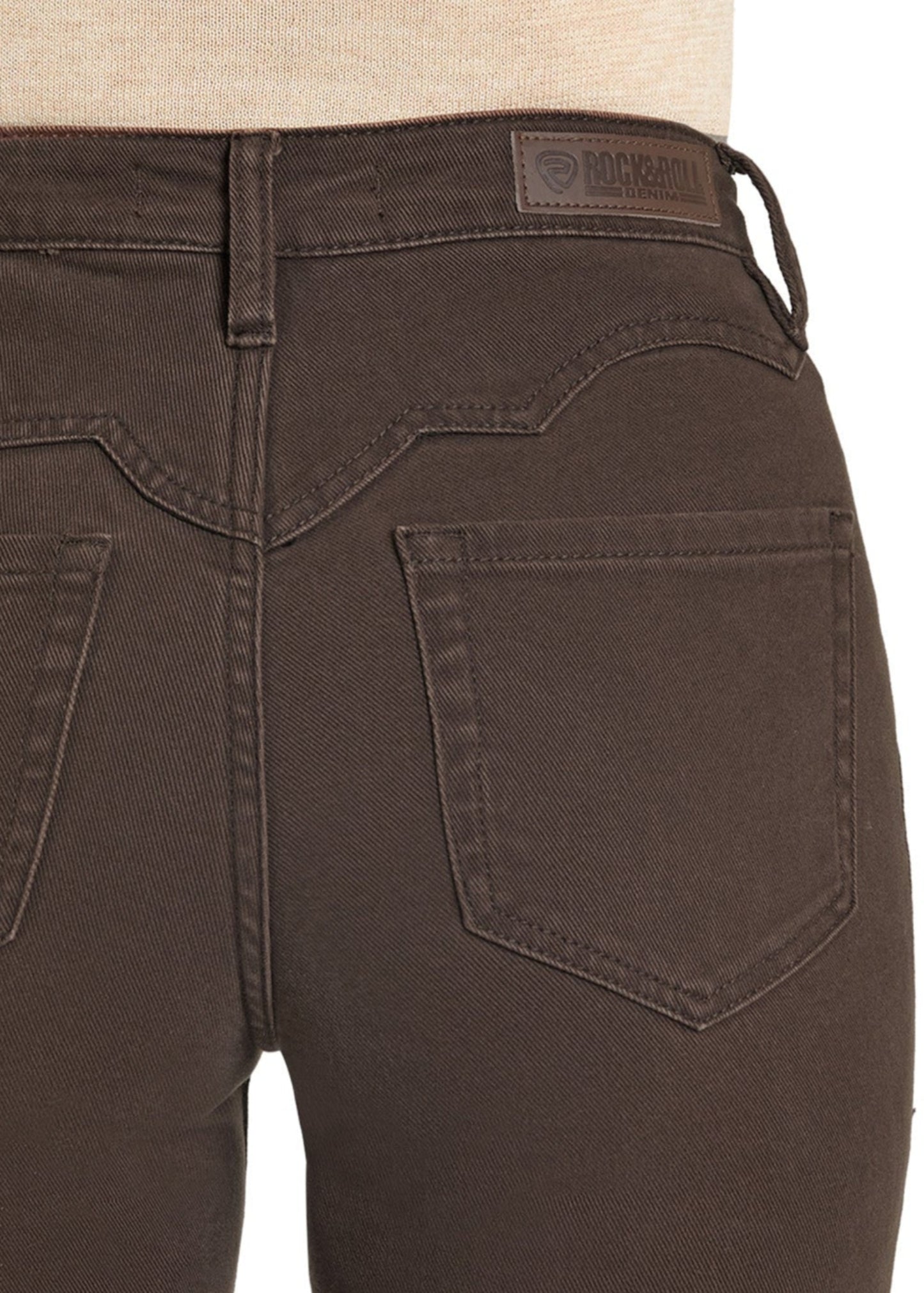 Brown jeans with a visible brand logo on a white background