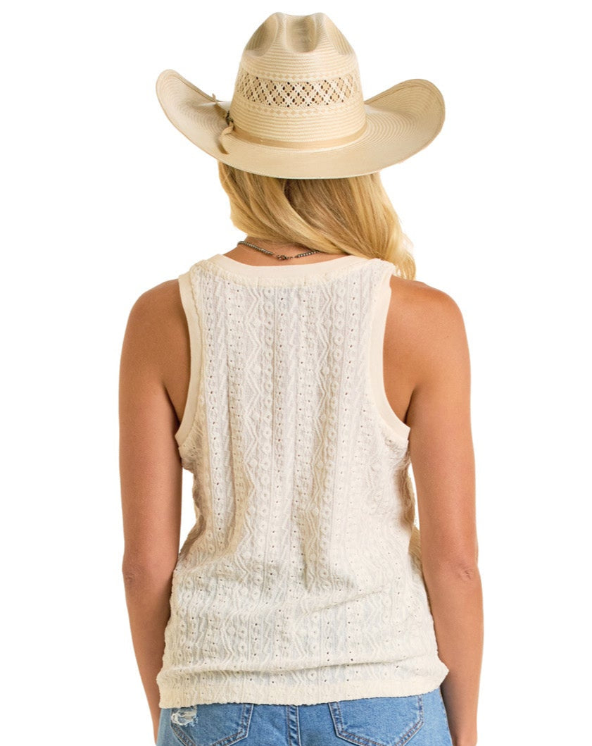A woman is shown from the back against a white background wearing a straw cowboy hat, blue denim jeans, and the Rock & Roll Denim Raised Knit Tank Top.