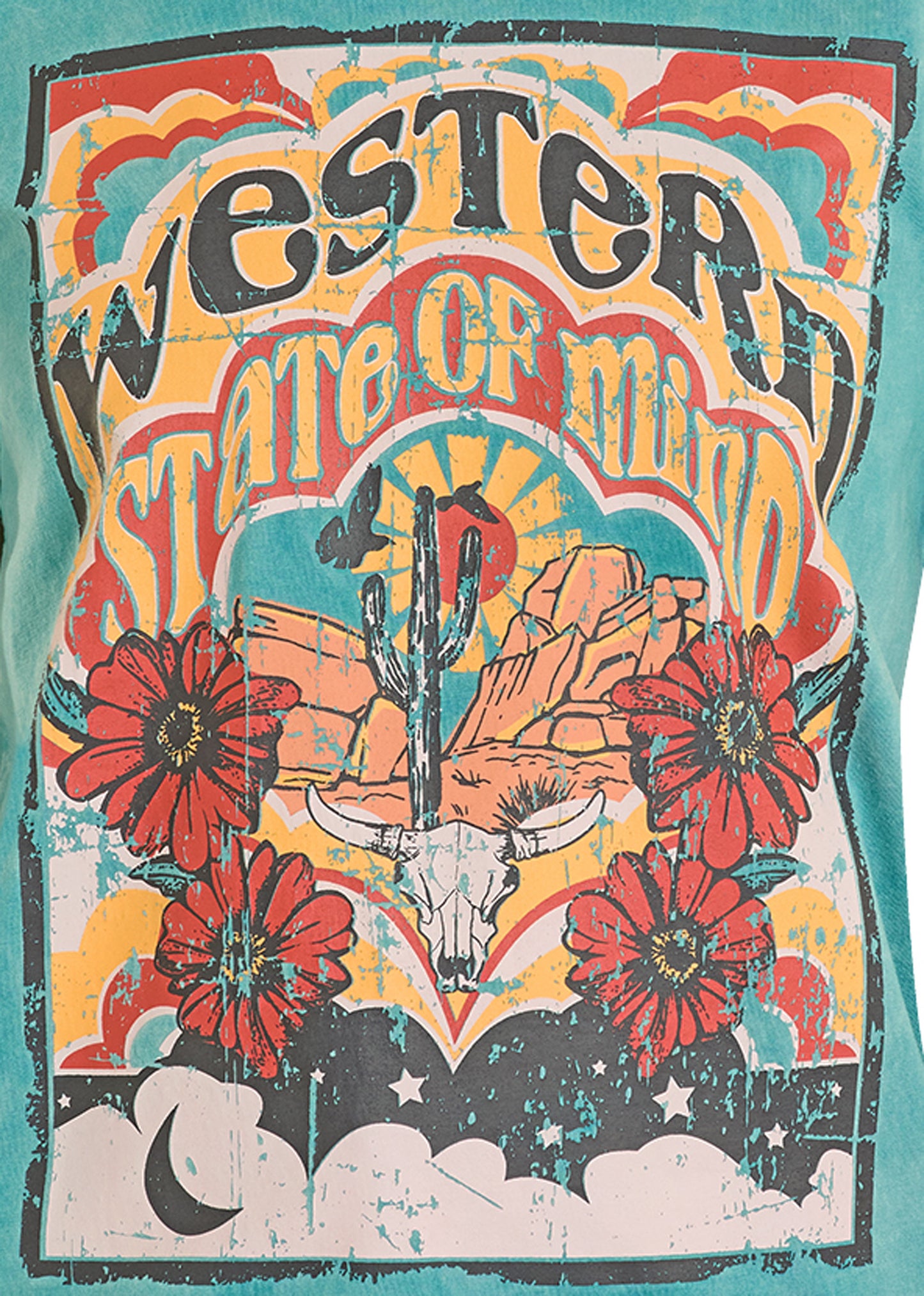 Close up of a distressed western graphic tee.