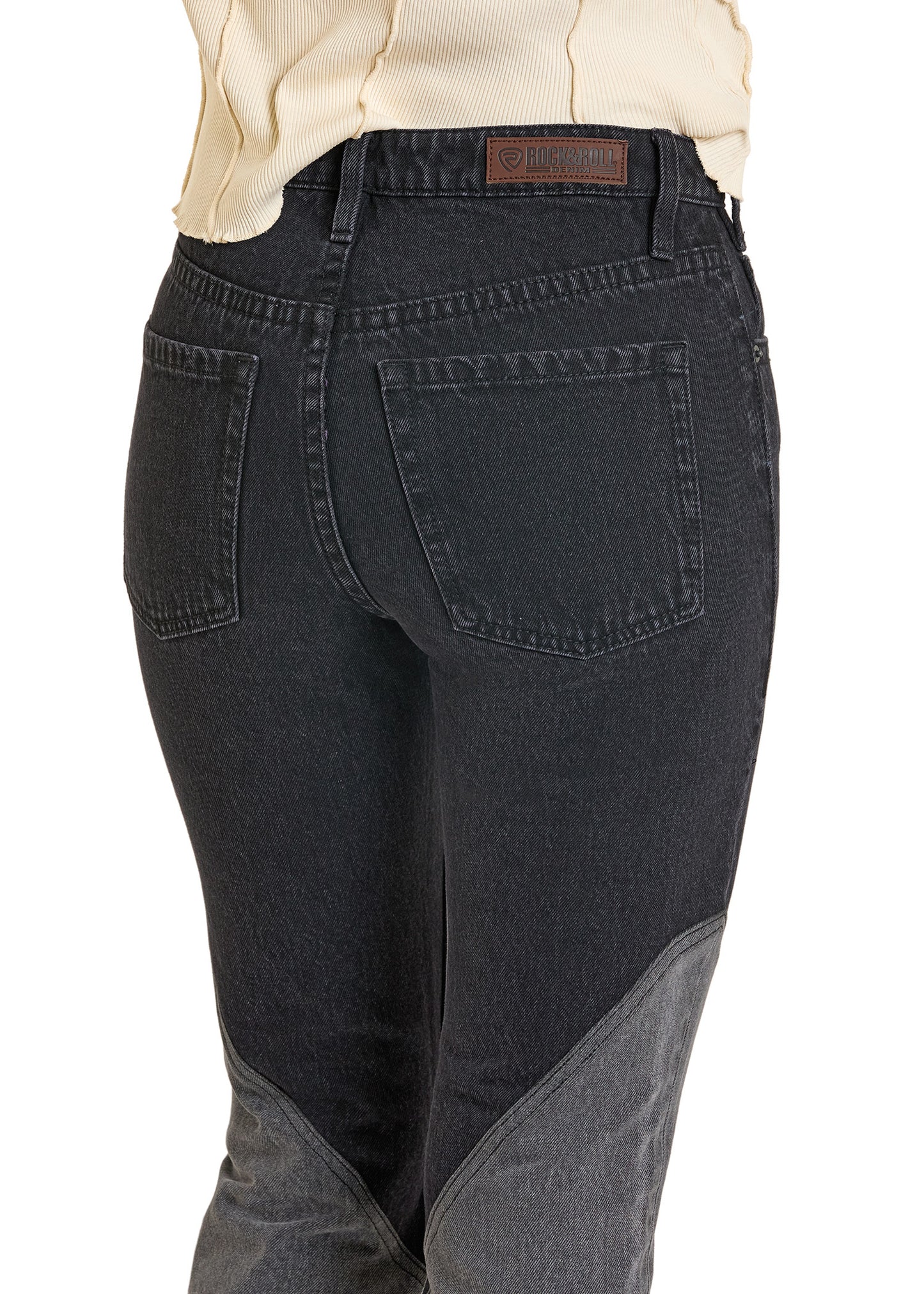 Black riding pants with gray sides on a white background