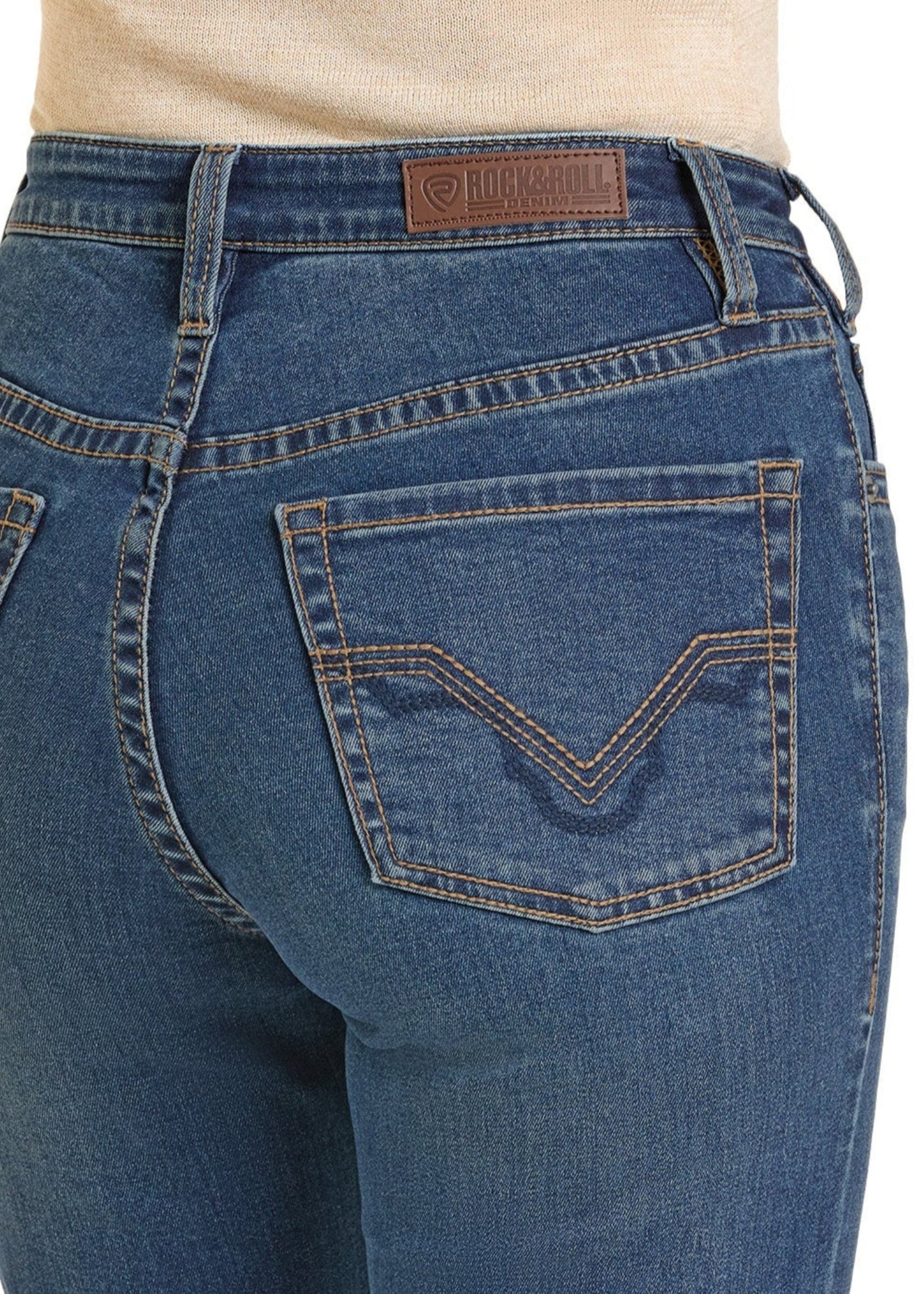 Blue jeans with a visible brand logo on a white background