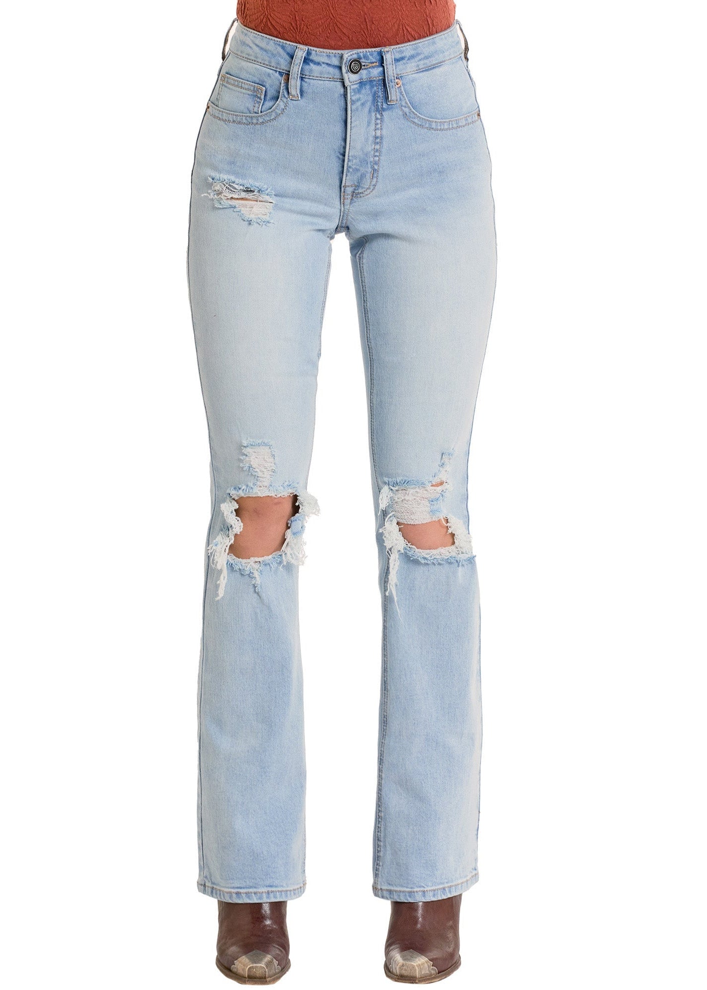 A person wears Rock & Roll Denim Distressed High Rise Light Wash Bootcut Jeans with brown boots. The jeans feature flared legs and knee distressing. Photo is cropped at the waist and feet.