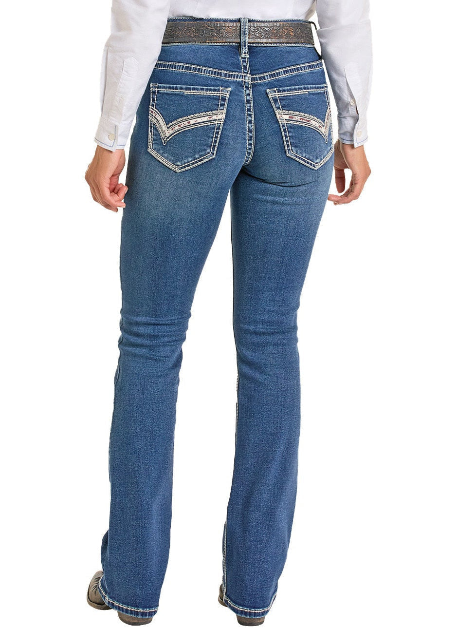 Women's Mid Rise Cowhide Stitch Bootcut Riding Jeans Rock Roll