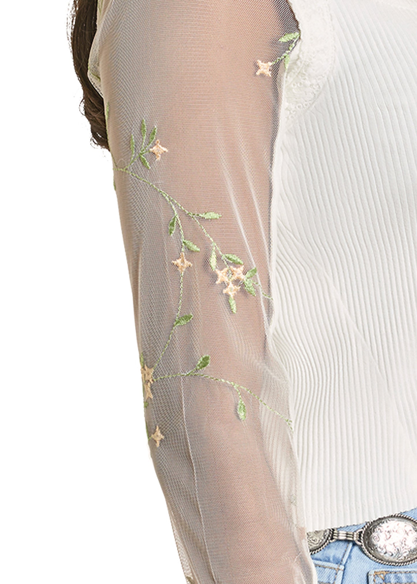Sheer tulle fabric with floral embroidery on a white background