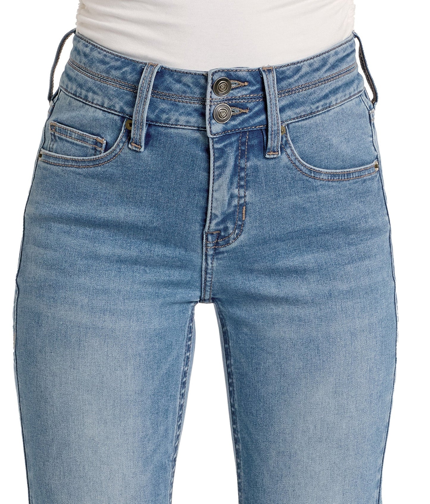 Close-up of a person wearing Rock & Roll Denim High Rise Double Waistband Trousers in light blue with double buttons, belt loops, front pockets, boot pocket stitch details, visible stitching, and a white top tucked in.