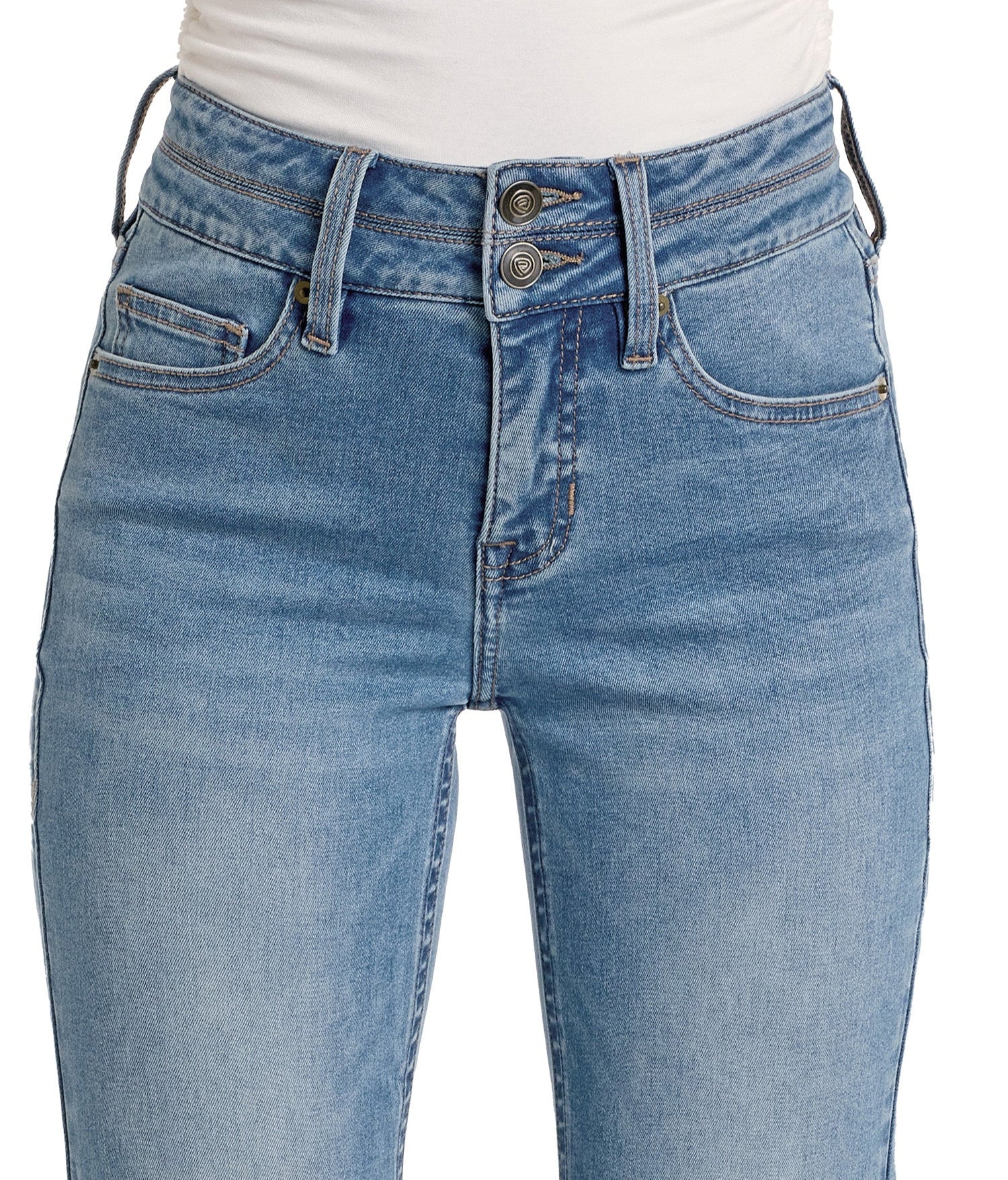 Close-up of a person wearing Rock & Roll Denim High Rise Double Waistband Trousers in light blue with double buttons, belt loops, front pockets, boot pocket stitch details, visible stitching, and a white top tucked in.