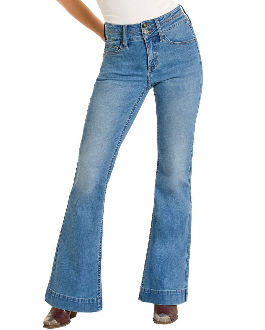 A person wears Rock & Roll Denim High Rise Double Waistband Trousers in light blue with brown shoes, standing with one leg slightly bent. Only the lower half of the body is visible against a white background.
