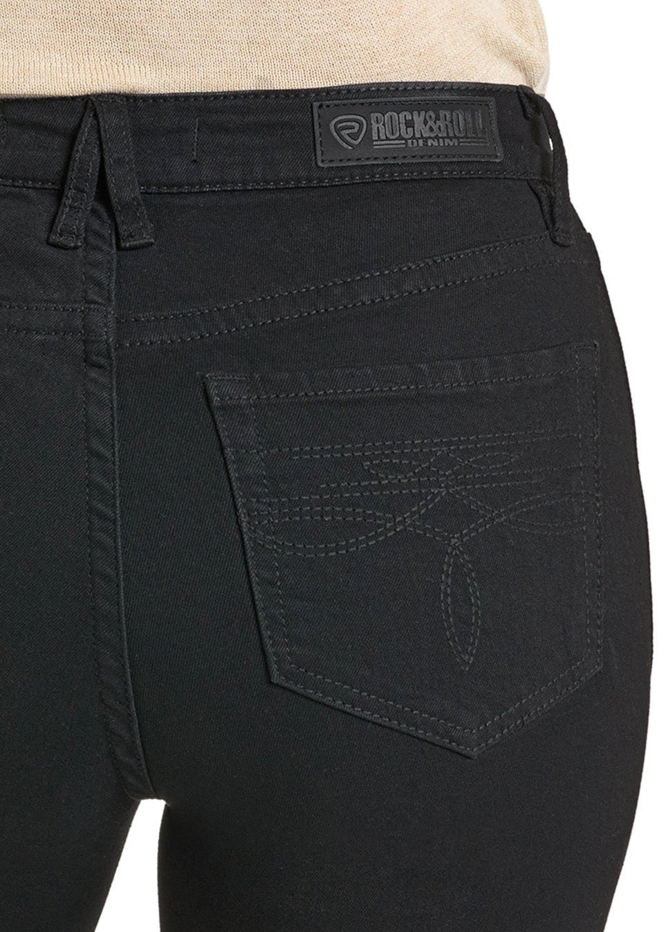 Close-up of a person wearing Rock & Roll Denim's High Rise Black Boot Pocket Trouser Jeans featuring decorative back pockets, merging classic style with Western flair.