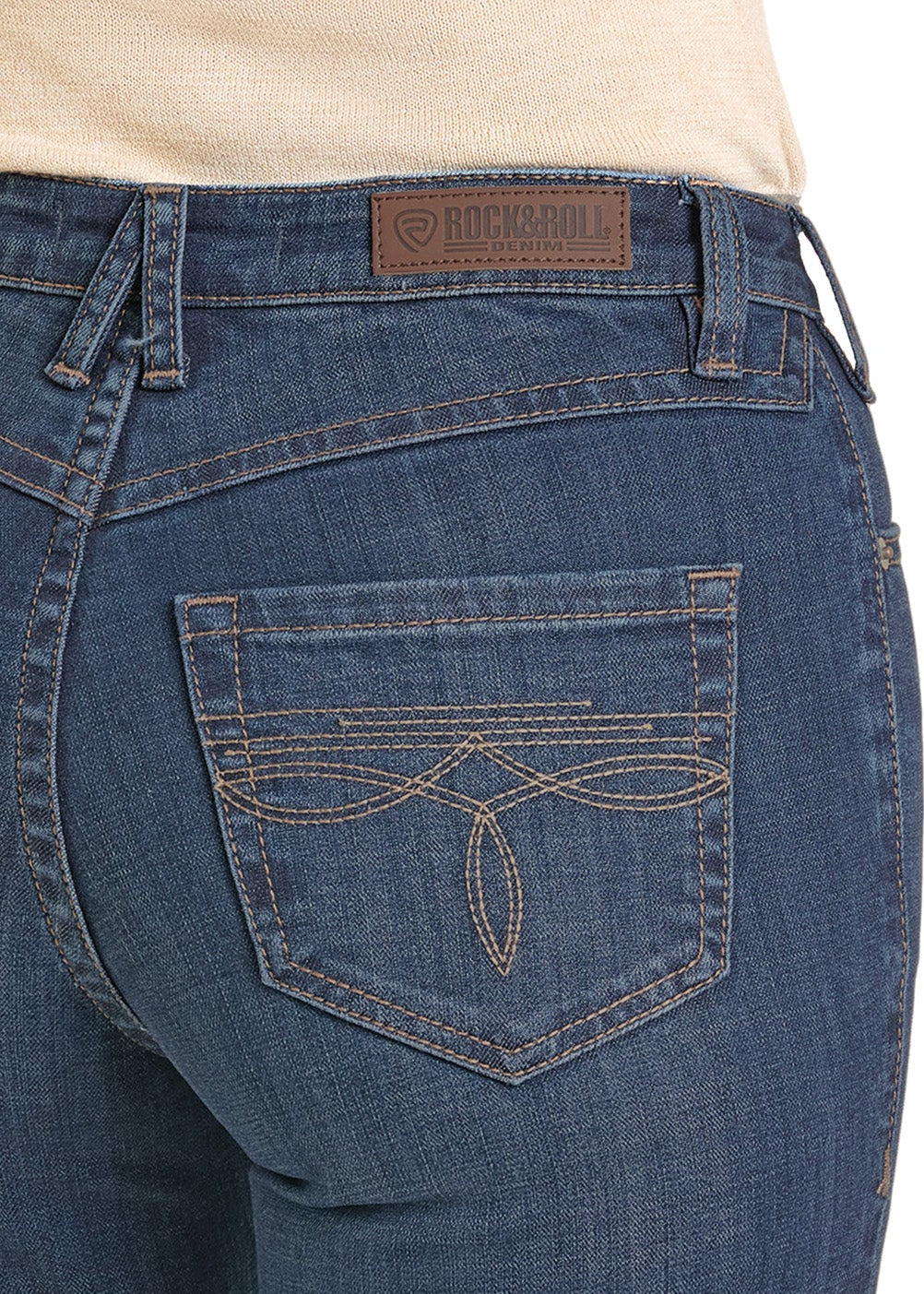 Blue jeans with a visible brand label on a white background