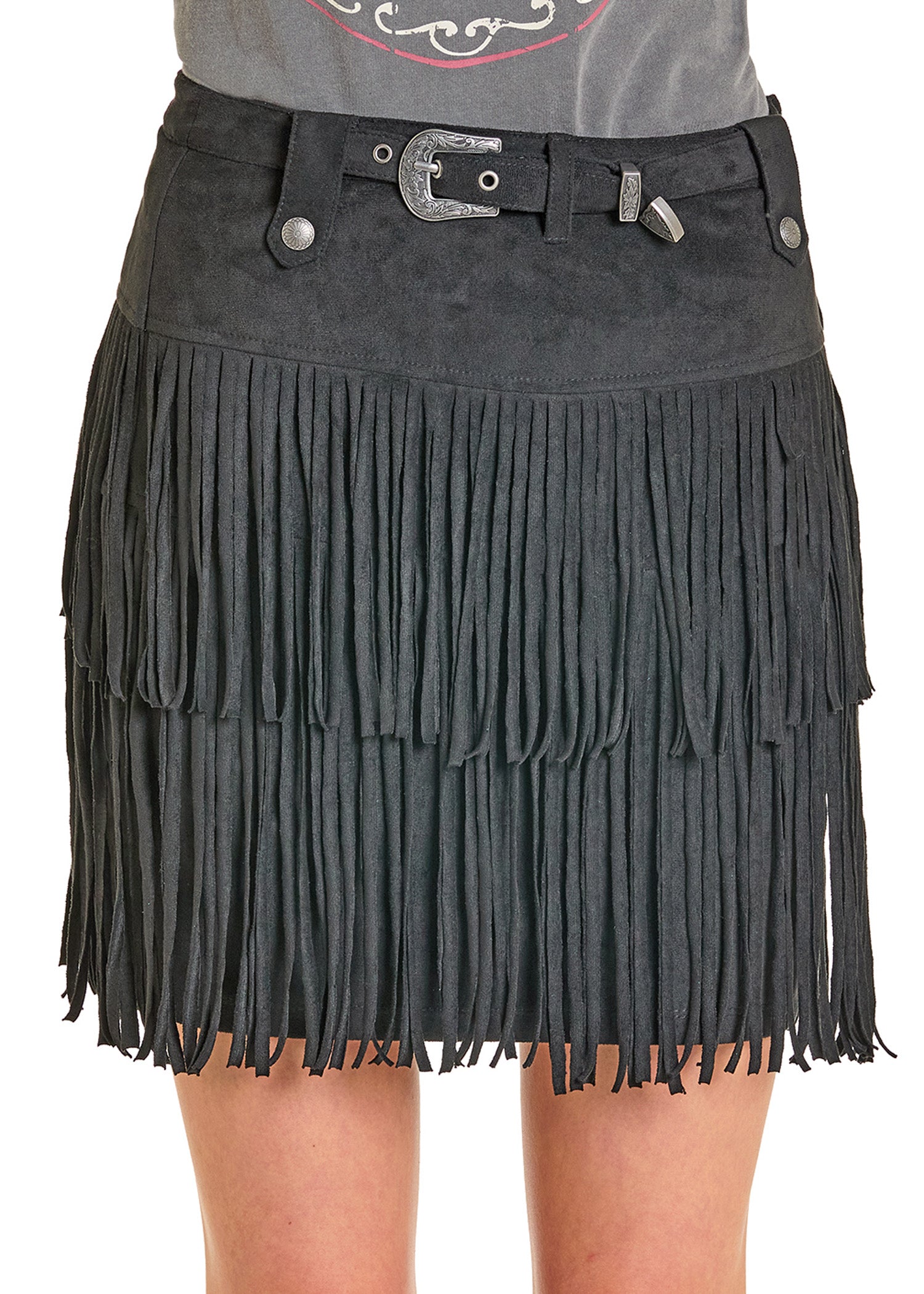 A person wearing the Rock & Roll Denim Microsuede Fringe Belted Skirt featuring multiple layers of long fringe and a matching belt with a silver buckle.