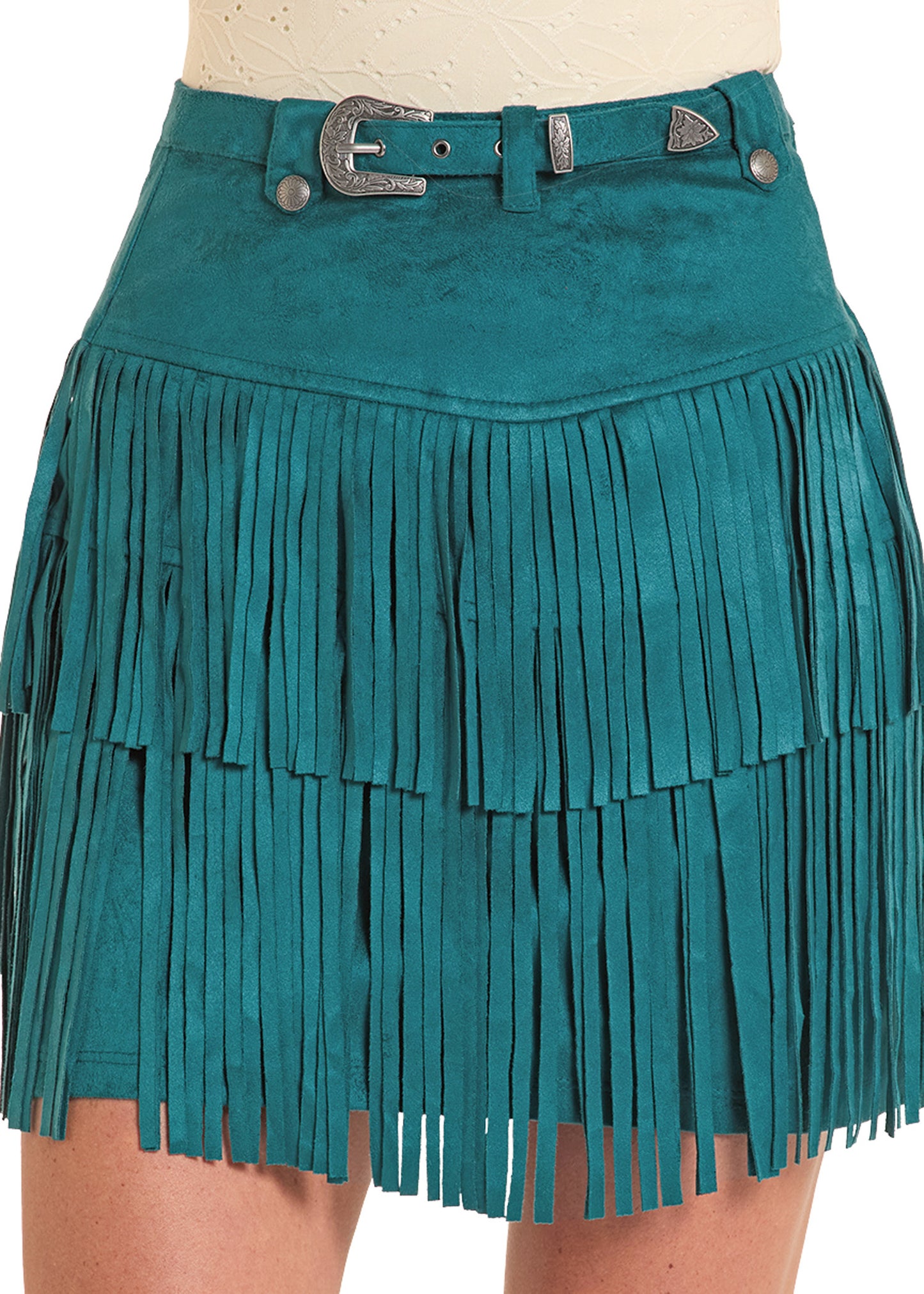 Teal fringed skirt with a belt on a white background