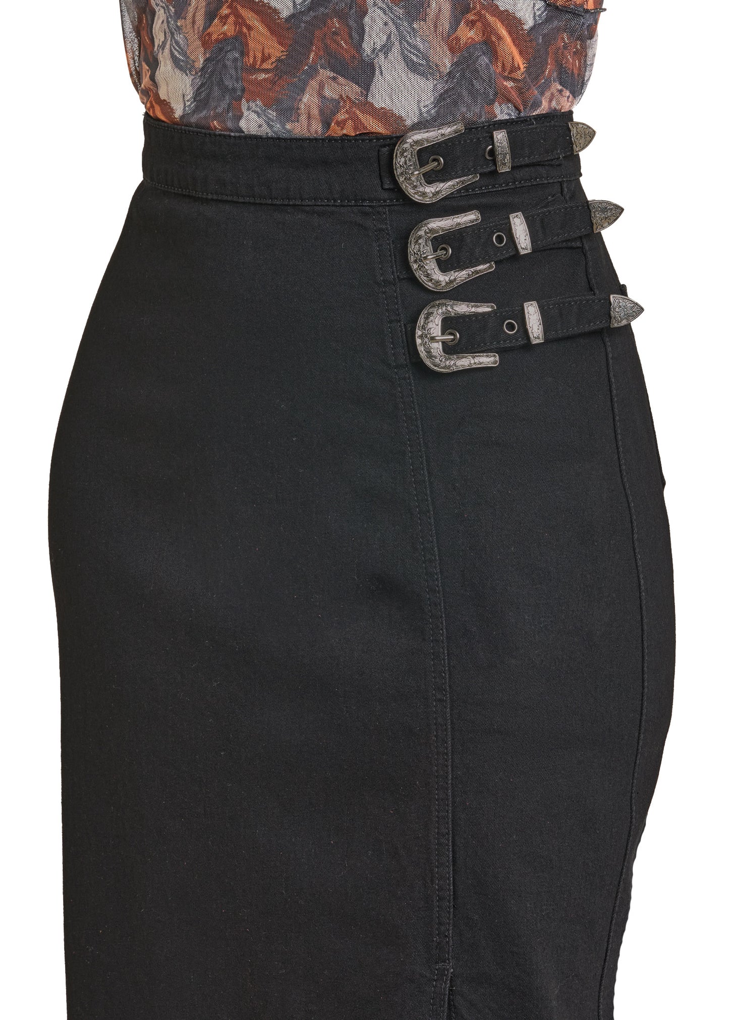 A close-up side view shows a person wearing the Rock & Roll Denim Buckle Denim Maxi Skirt with triple buckles at the waist and a patterned top with a brown, white, and black horse print.
