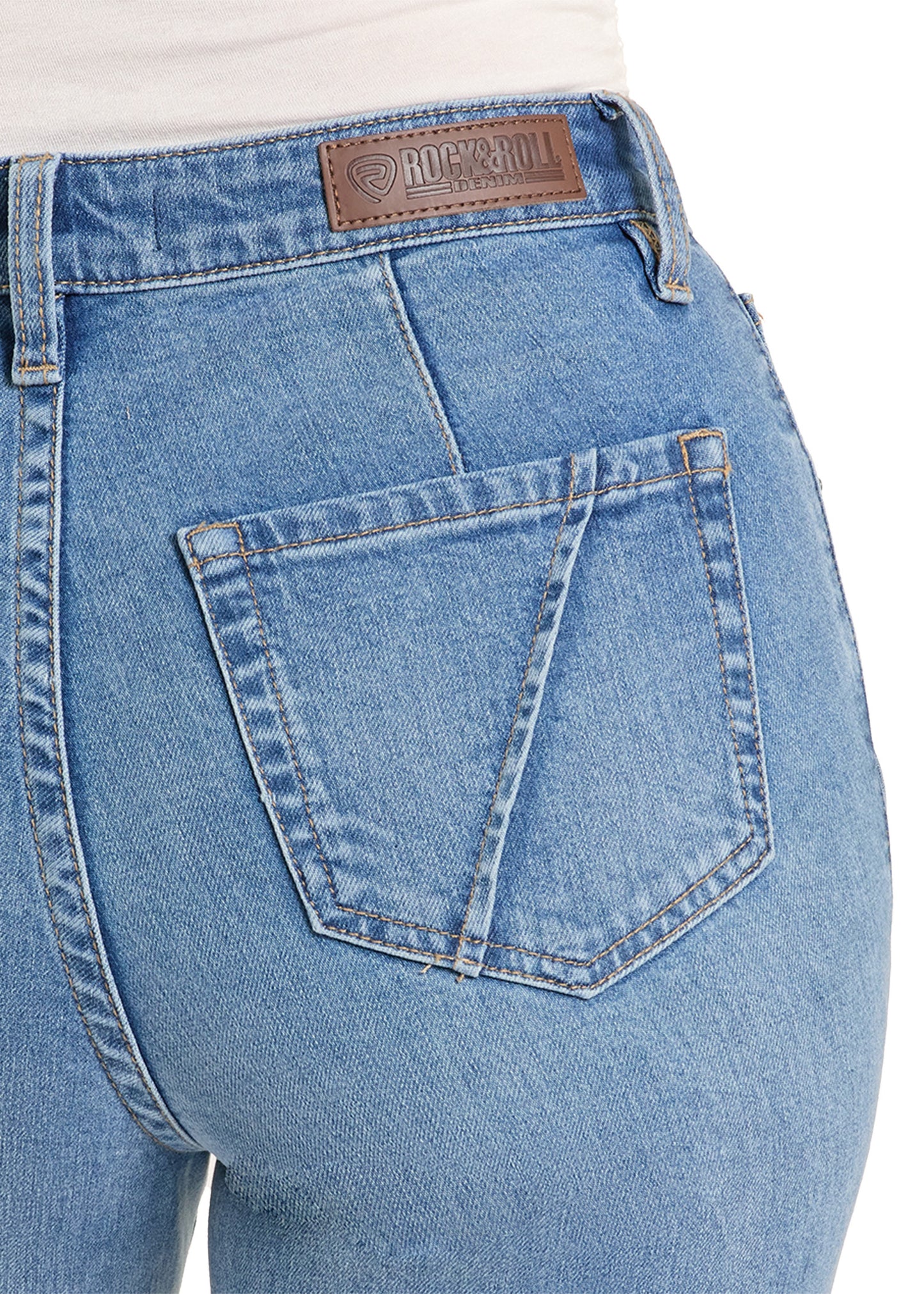 Close-up of a blue denim jeans pocket with a brand label on a white background