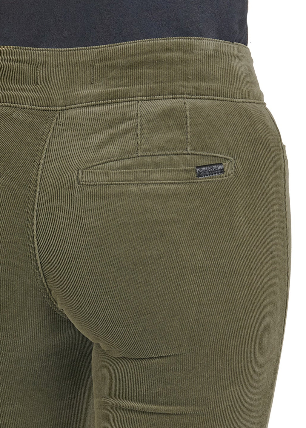 Green corduroy pants with a visible brand logo on a white background