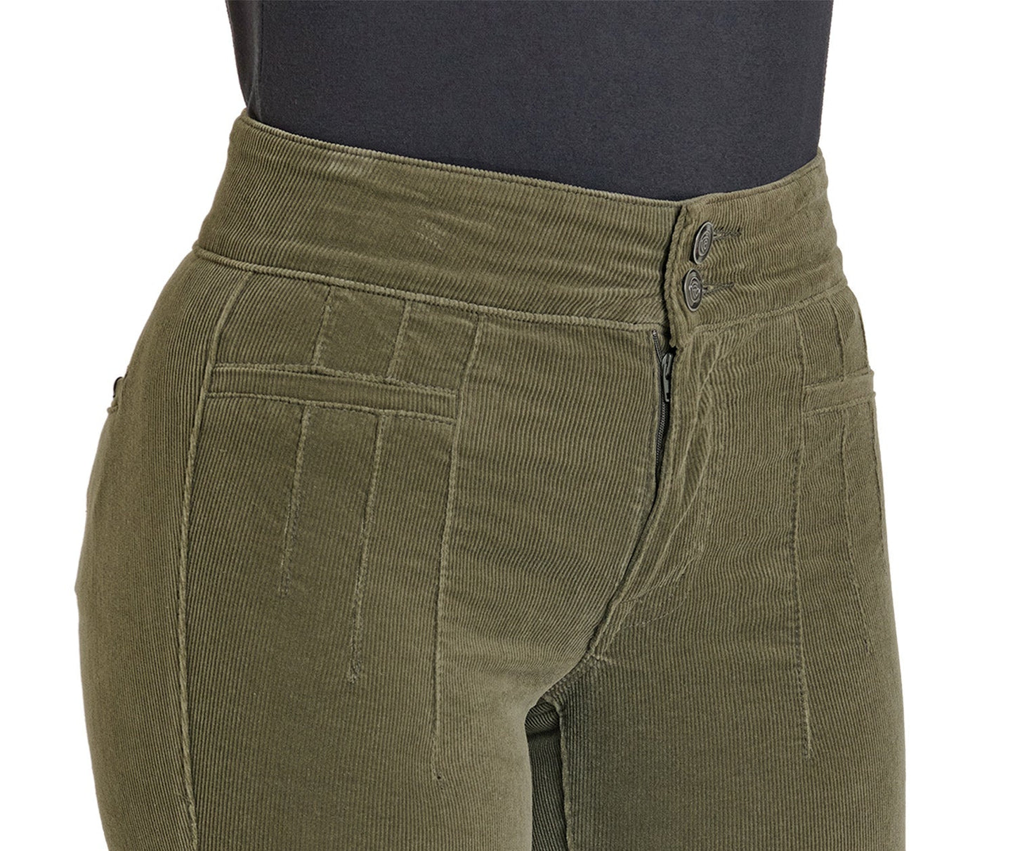 Close-up of a person wearing Rock & Roll Denim’s High Rise Jade Corduroy Button Flare Pants, featuring vertical seams, double-button and zipper closure, paired with a black top.