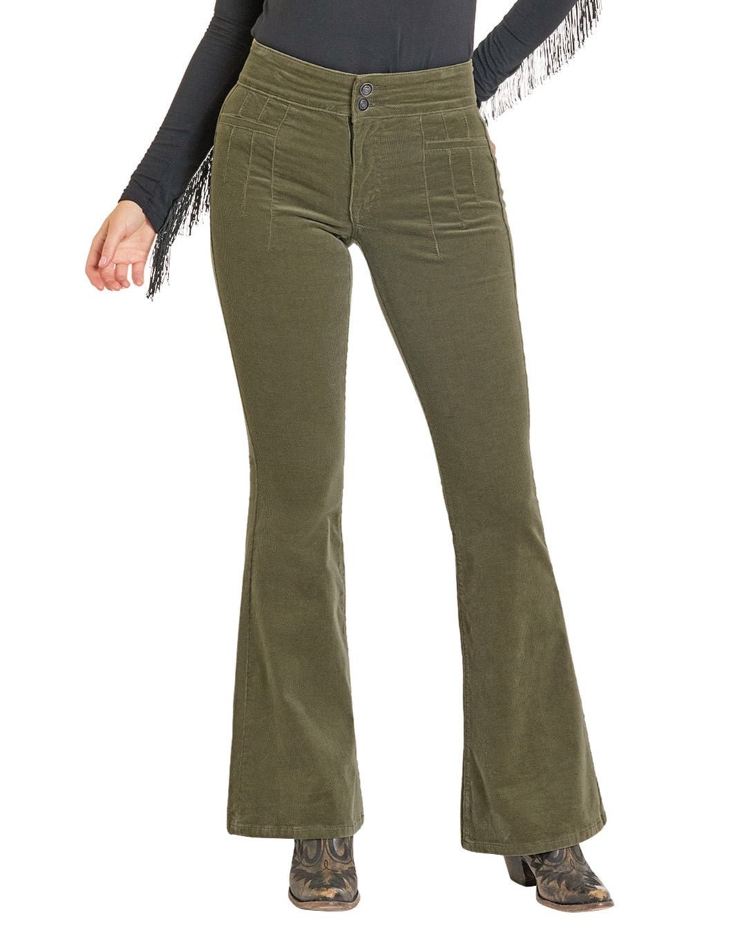 A person wears Rock & Roll Denim High Rise Jade Corduroy Button Flare Pants, a black fringe-sleeve long-sleeve top, and black boots, shown from the shoulders down against a white background.