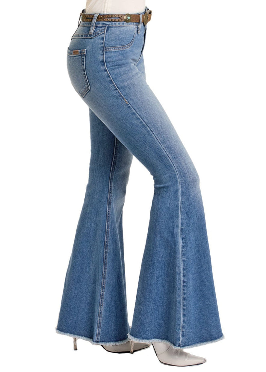 Women's Medium Wash High Rise Bell Bottoms Rock Roll Denim