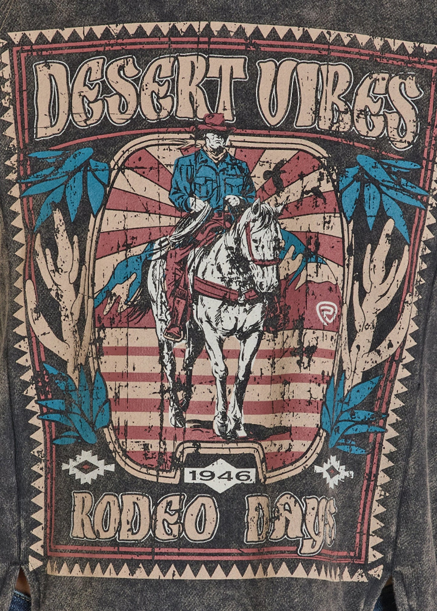 Vintage-style graphic with a cowboy on a horse, desert vibes text, and 'Rodeo Days' design on a dark background.