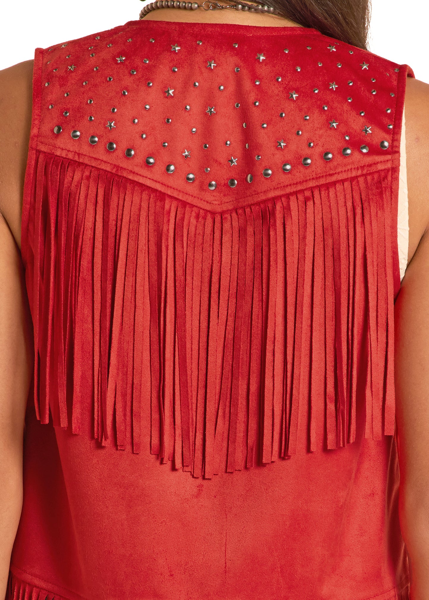 Red suede vest with fringe and stud details on a white background