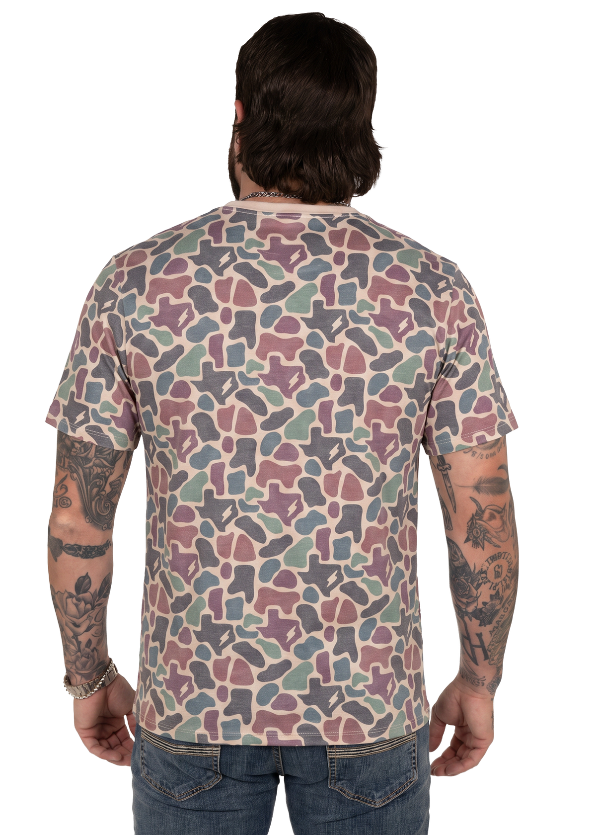 A man viewed from the back wearing a short-sleeve crewneck t-shirt with a multicolor camo pattern