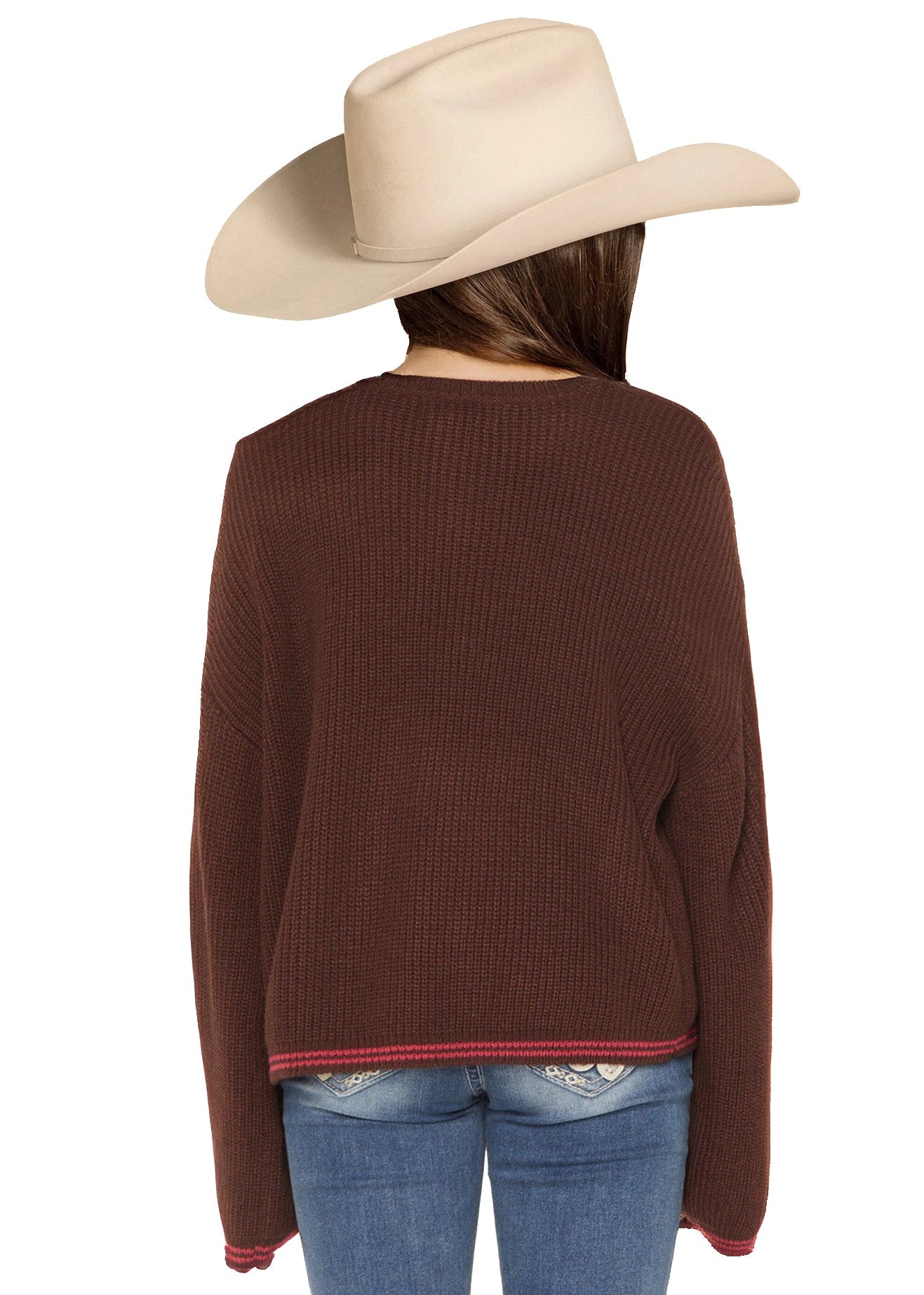 Person wearing a brown sweater and blue jeans with a beige cowboy hat on a white background