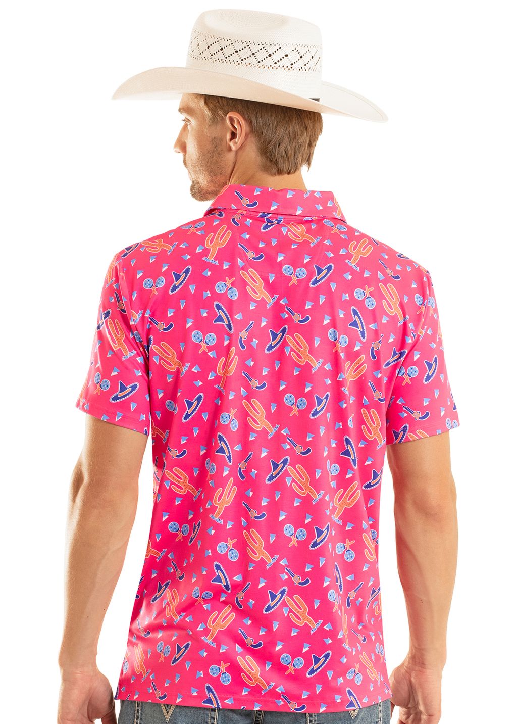 Man wearing a pink patterned shirt and white cowboy hat on a white background