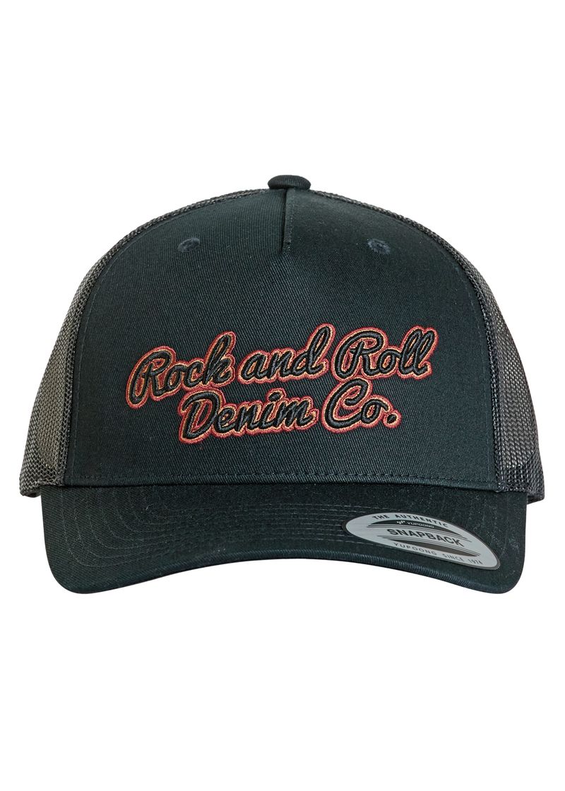 The Rock & Roll Denim Co. Cap by Rock & Roll Denim is a black mesh trucker hat with red and orange embroidered script, curved bill, mesh back, and adjustable snapback closure for a perfect fit.
