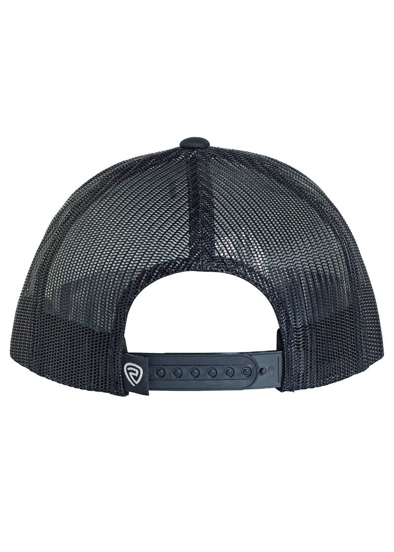A black mesh trucker hat by Rock & Roll Denim, the Dale Brisby Radiator Ranch Cap, shown from the back with an adjustable snapback closure and a small logo on the strap.