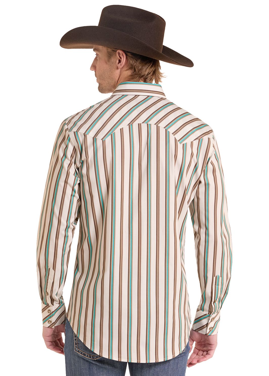 The back of a man in a Teal Striped Long Sleeve Snap Shirt