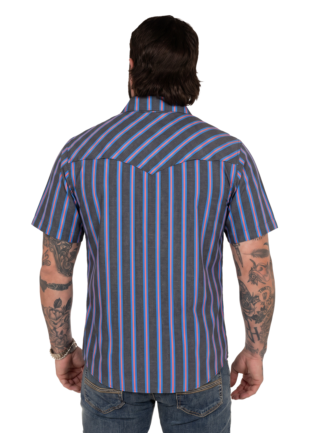 Koe Wetzel viewed from the back wearing a short-sleeve button-up shirt with vertical blue, purple, and orange stripes on a white background.