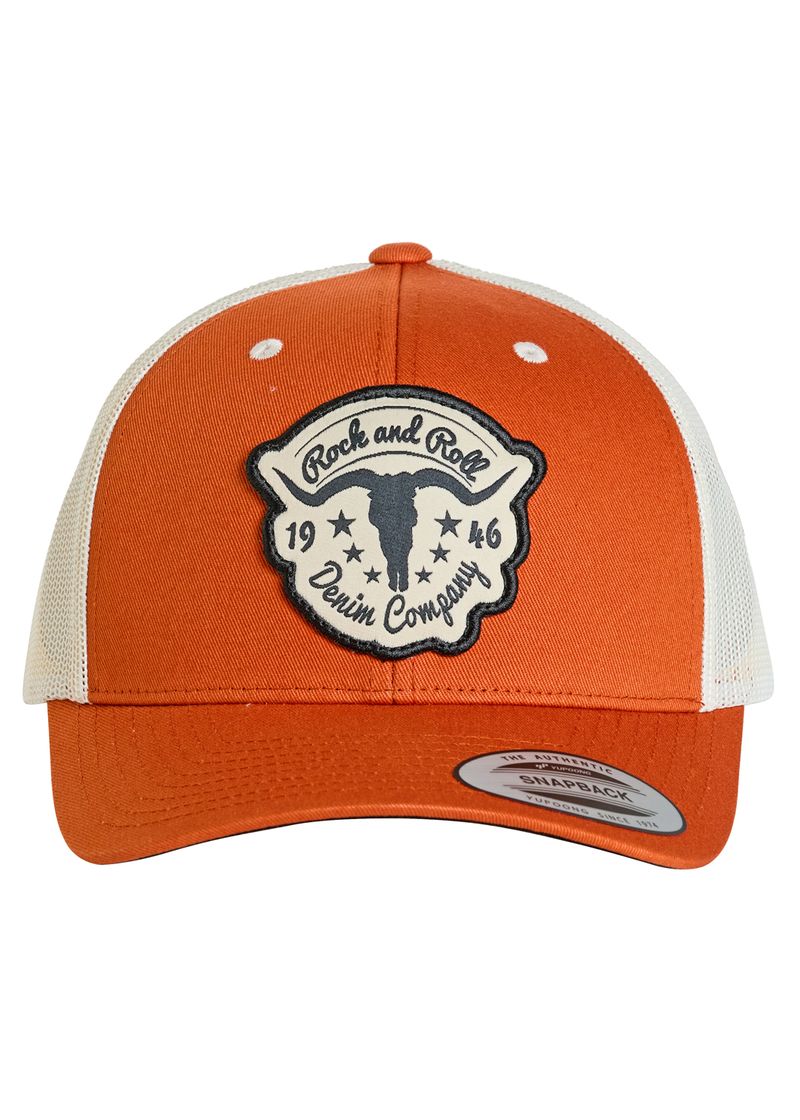 Orange and white cap with a denim company logo on a white background