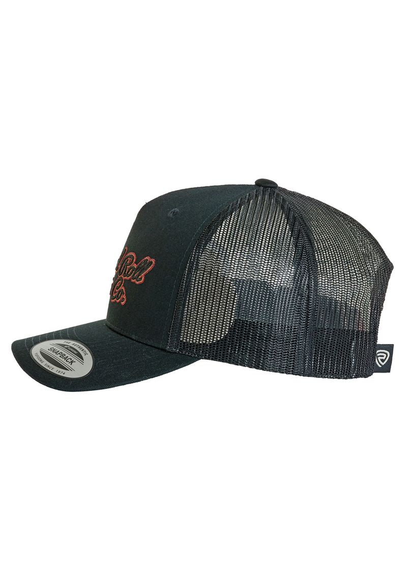 The Rock & Roll Denim Co. Cap by Rock & Roll Denim features a black curved brim, adjustable snapback, red embroidered front text, a label on the brim, and breathable mesh back panels.