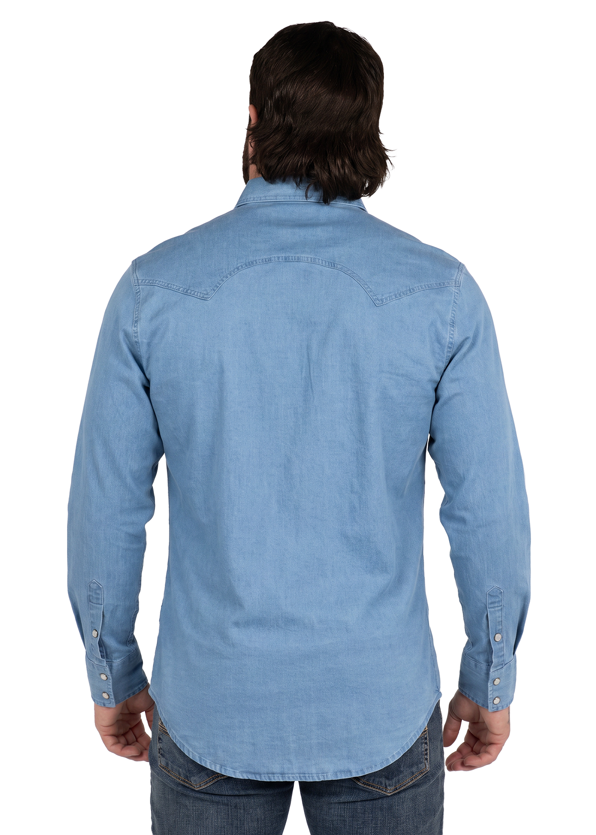 Koe Wetzel viewed from the back wearing a light blue long-sleeve western-style shirt and dark blue jeans against a plain white background.