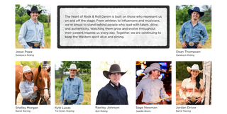 Jesse Pope Dean Thompson Shelley Morgan Kyle Lucas Rawley Johnson Sage Newman Jordan Driver barrel racing, tie-down roping saddle bronc bull riding endorsees are heart of who we are. talent, their drive, authenticity, and the spirit they bring to the arena. grow, push boundaries, and shape the Western lifestyle inspires us. culture rooted in grit, passion, and individuality Rock & Roll Denim community.