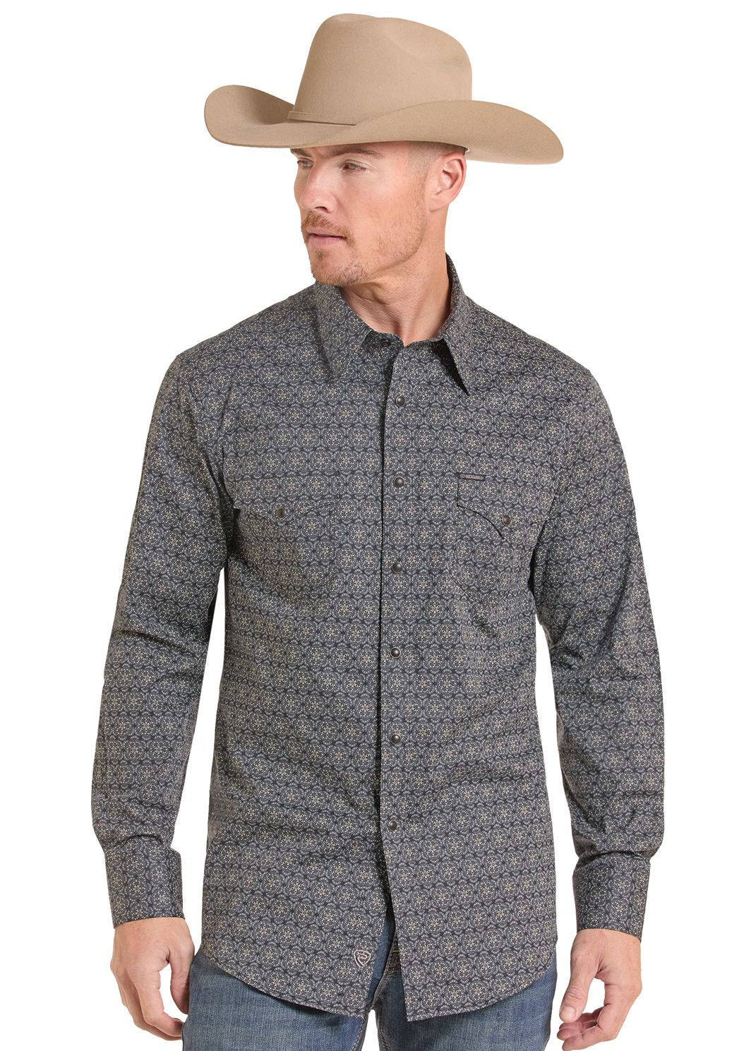 Man wearing Black Medallion Long Sleeve Snap Shirt