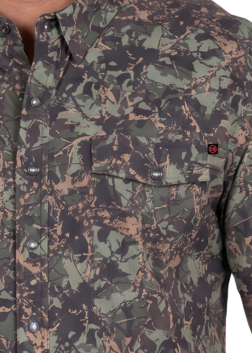 Detail image of a pearl snap camo shirt pocket