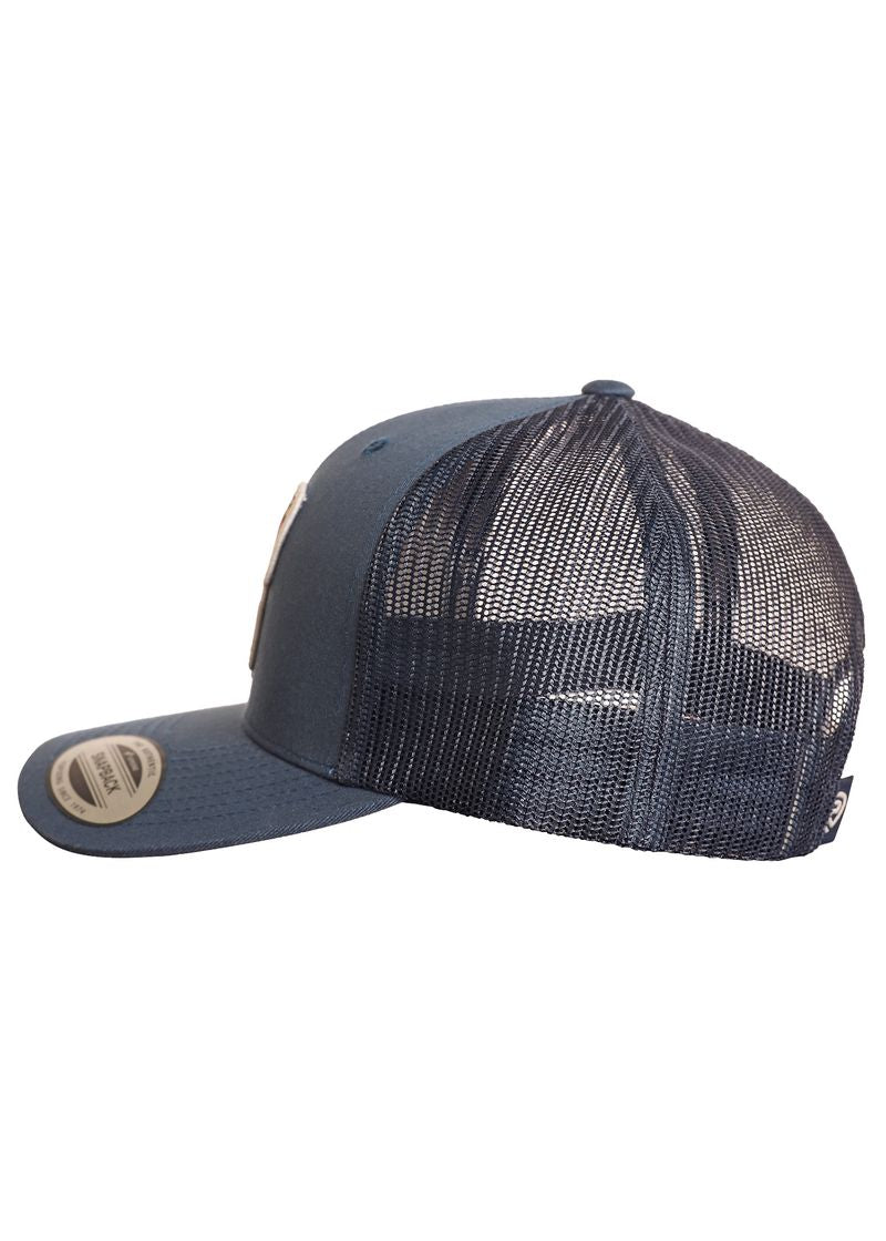 A dark blue Rock & Roll Denim Aztec Horse Cap trucker hat with a mesh back, solid front, flat brim with sticker, and adjustable snapback closure, shown in a side view.