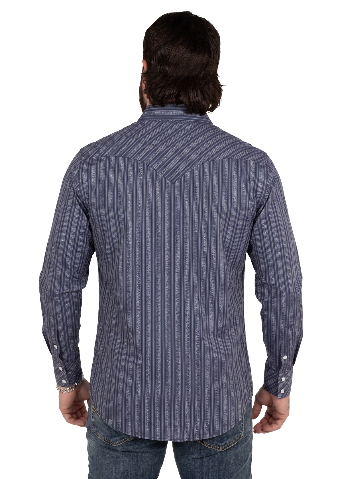 Koe Wetzel viewed from the back wearing a long-sleeve button-up shirt with vertical pinstripes in blue and gray, paired with blue jeans against a plain white background.